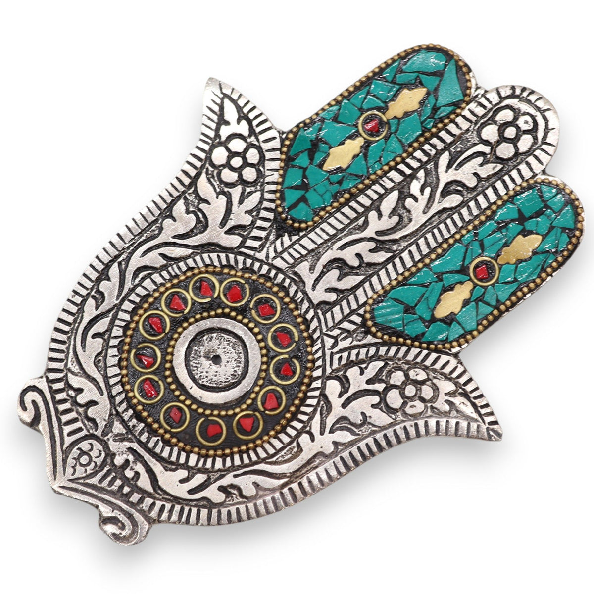Porta-incienso Hamsa Verde Pequeño 13x5.5cm - Portainciensos de aluminio hechos a mano