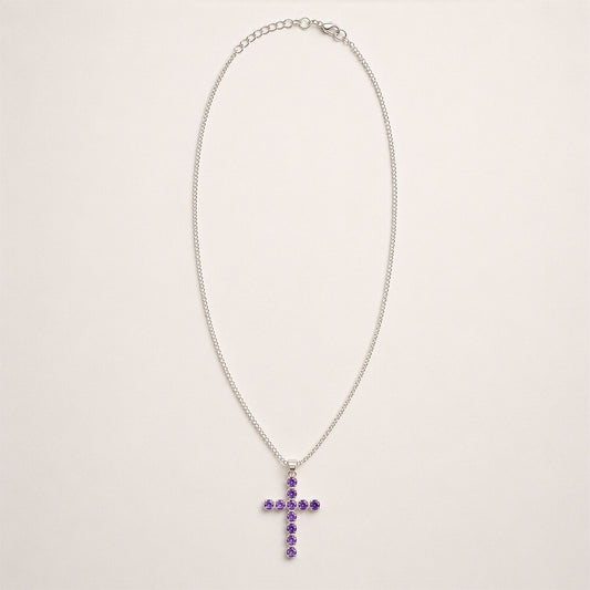 Colgante devocional indio - bañado en plata (cadena de 45 cm) - Crucifijo de amatista