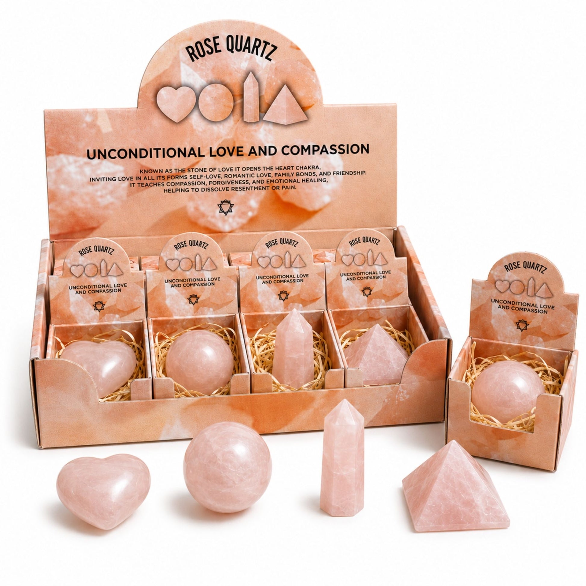 Cuatro Formas de Gemas - Cuarzo Rosa - Formas variadas de gemas