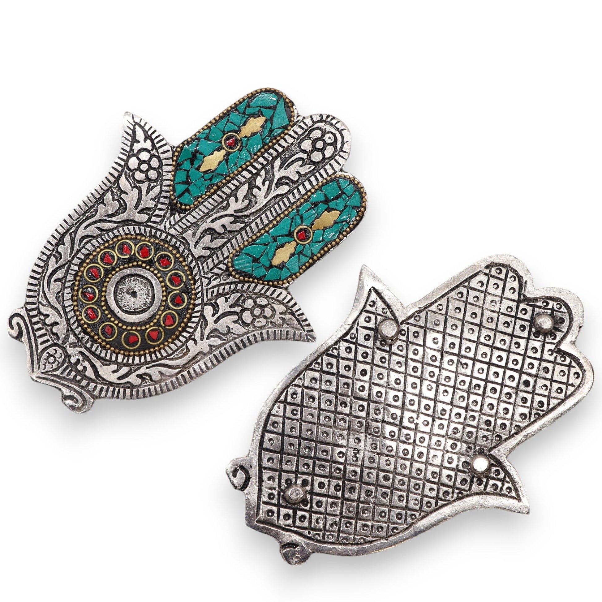 Porta-incienso Hamsa Verde Pequeño 13x5.5cm - Portainciensos de aluminio hechos a mano