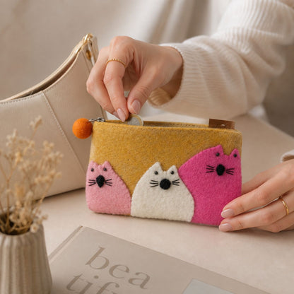 Monedero de fieltro de tres gatos gordos- (3 colores surtidos)