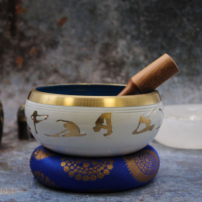 Juego de Cuenco Tibetano Lrg - Movimiento de Yoga - Blanco/Azul 14cm - Artículos Tibetanos, artesanal