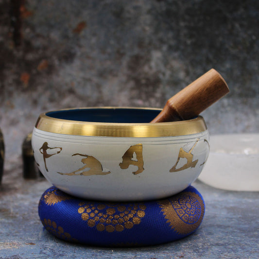 Juego de Cuenco Tibetano Lrg - Movimiento de Yoga - Blanco/Azul 14cm - Artículos Tibetanos, artesanal