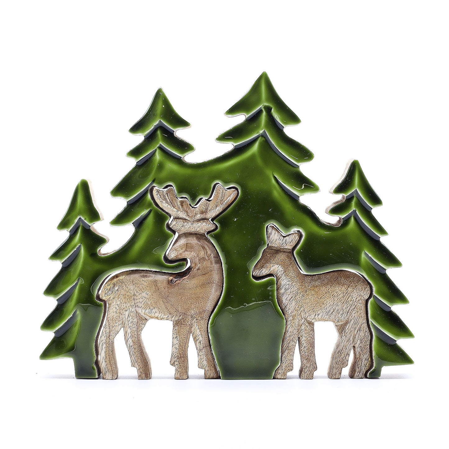 Perdido en el bosque - Dos ciervos en el bosque  Decoración de madera 3D - 18x23cm