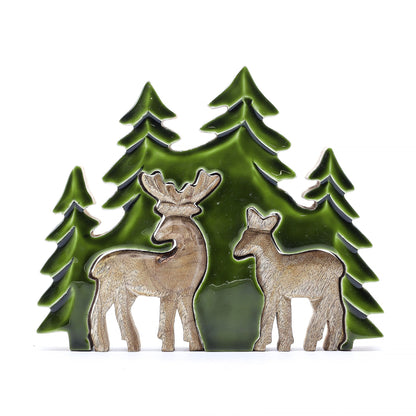 Perdido en el bosque - Dos ciervos en el bosque  Decoración de madera 3D - 18x23cm