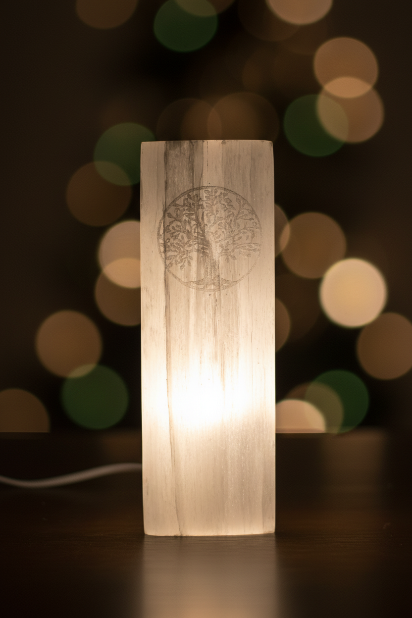 Selenite Block Lamp 25cm - Tree of Life