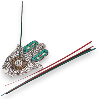 Porta-incienso Hamsa Verde Pequeño 13x5.5cm - Portainciensos de aluminio hechos a mano