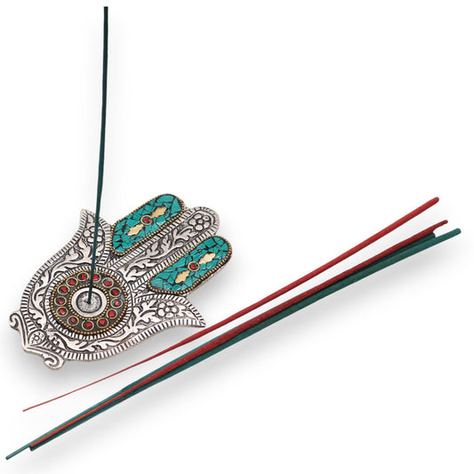 Porta-incienso Hamsa Verde Pequeño 13x5.5cm - Portainciensos de aluminio hechos a mano