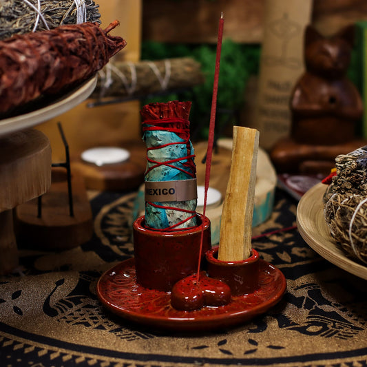 Soporte cerámico para Palo Santo e Incienso - Mandala - Rojo con brillo en forma de corazón - Soporte cerámico para Palo Sant