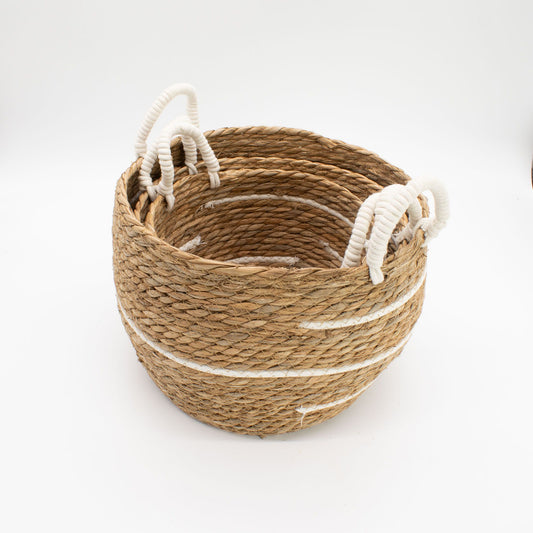 Cestas grandes de algodón y pasto marino – Rayas naturales – Juego de 3