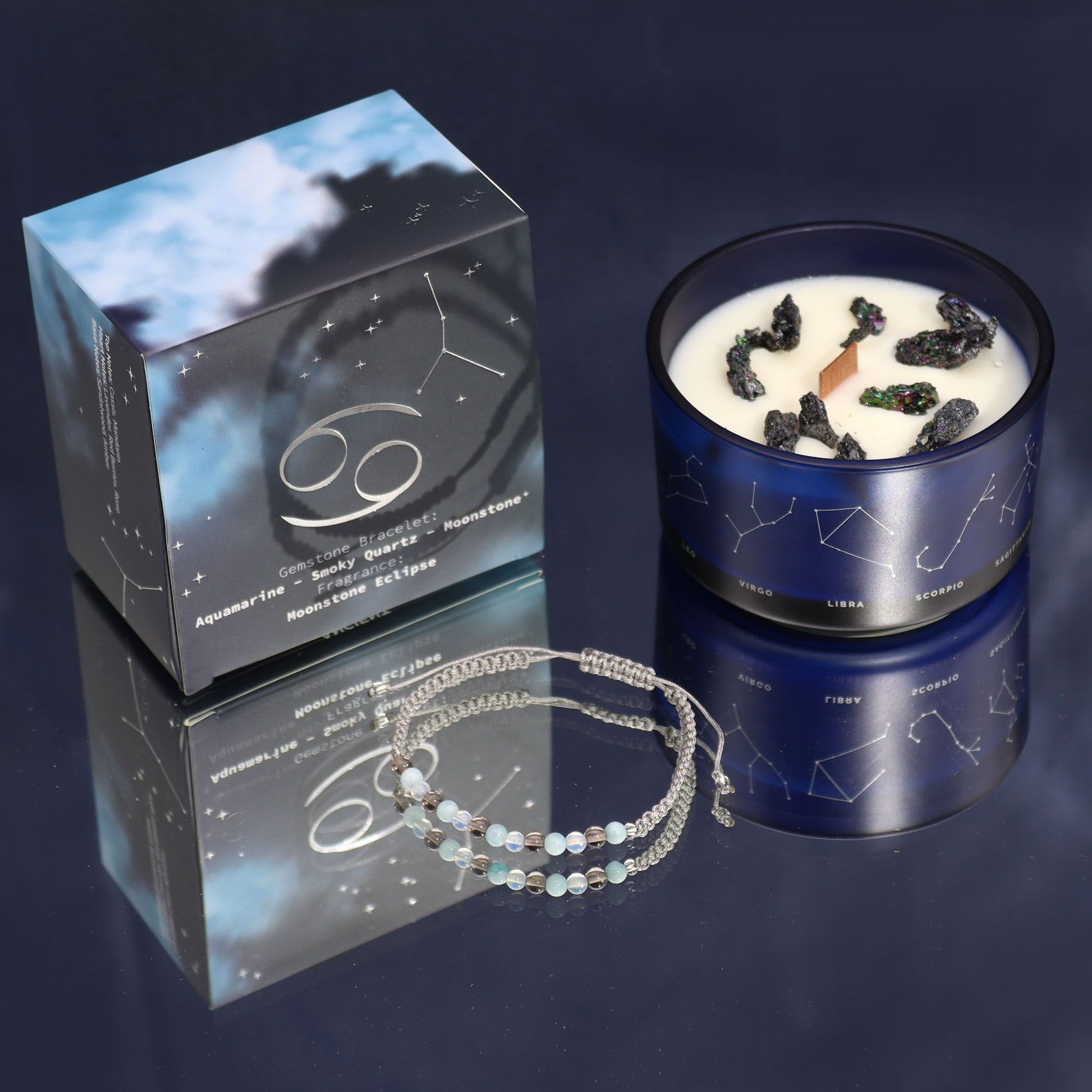 Vela de cristal del zodiaco con pulsera de piedras preciosas - Cáncer - Velas de cristal del zodiaco con brazalete de piedras