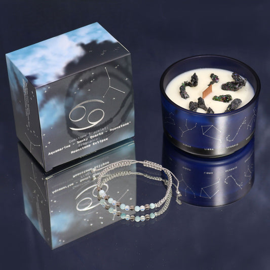 Vela de cristal del zodiaco con pulsera de piedras preciosas - Cáncer - Velas de cristal del zodiaco con brazalete de piedras