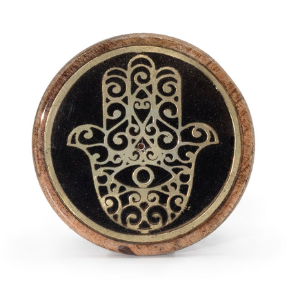 Oro y negro sobre madera de mango - Hamsa - Soporte de Incienso