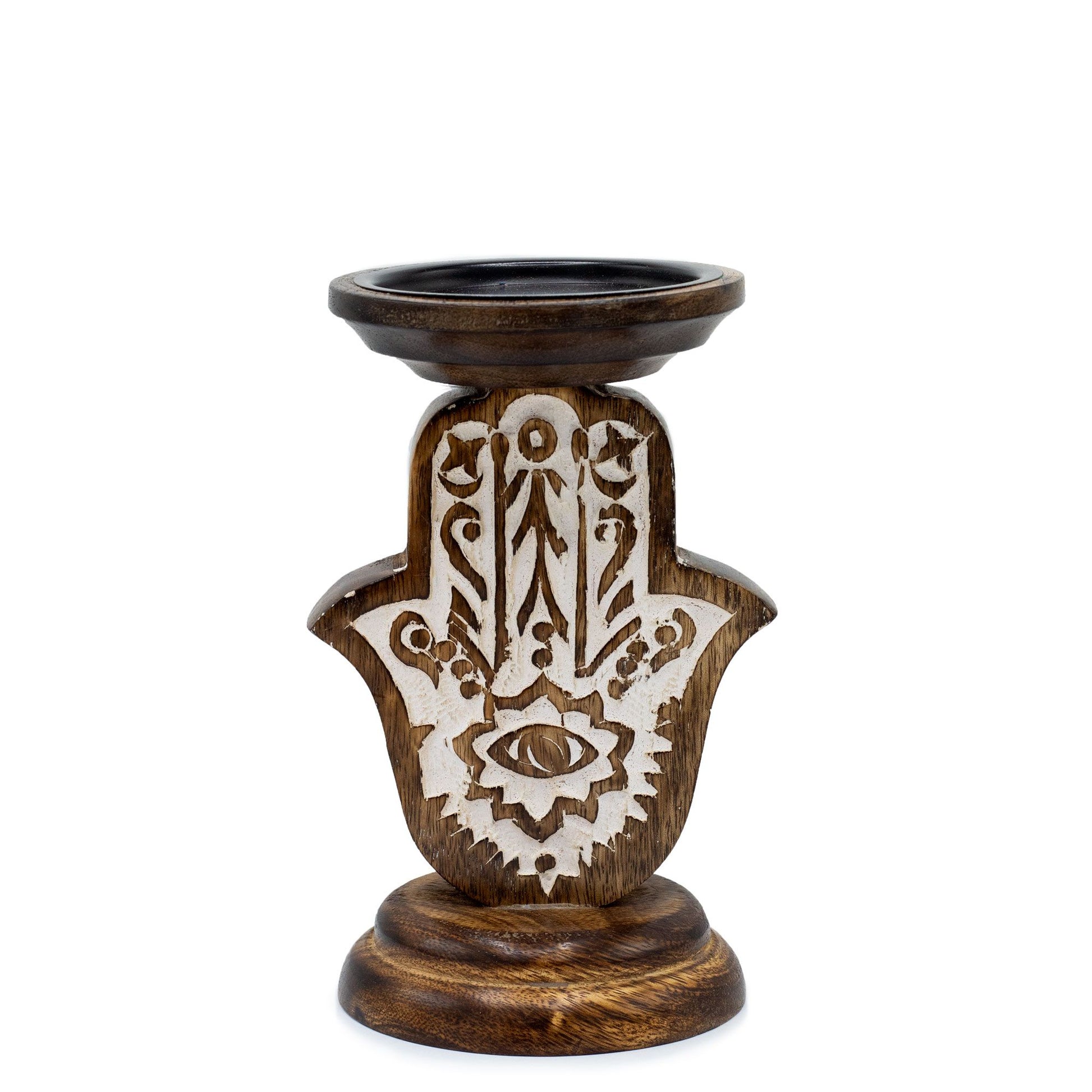 Candelabro de Madera de Mango - Hamsa - Pequeño 18x11cm - Candelabros de Madera, candelabro