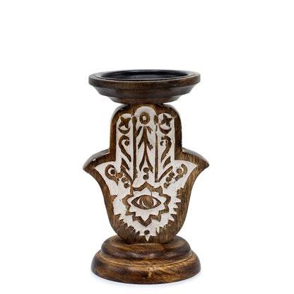 Candelabro de Madera de Mango - Hamsa - Pequeño 18x11cm - Candelabros de Madera, candelabro