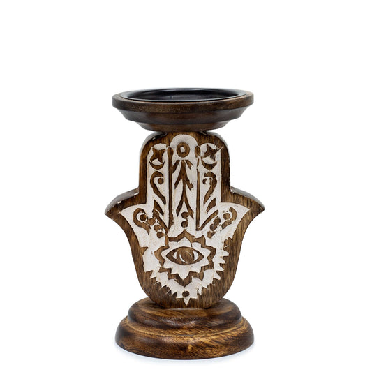 Candelabro de Madera de Mango - Hamsa - Pequeño 18x11cm - Candelabros de Madera, candelabro
