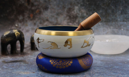 Juego de Cuenco Tibetano Lrg - Movimiento de Yoga - Blanco/Azul 14cm - Artículos Tibetanos, artesanal