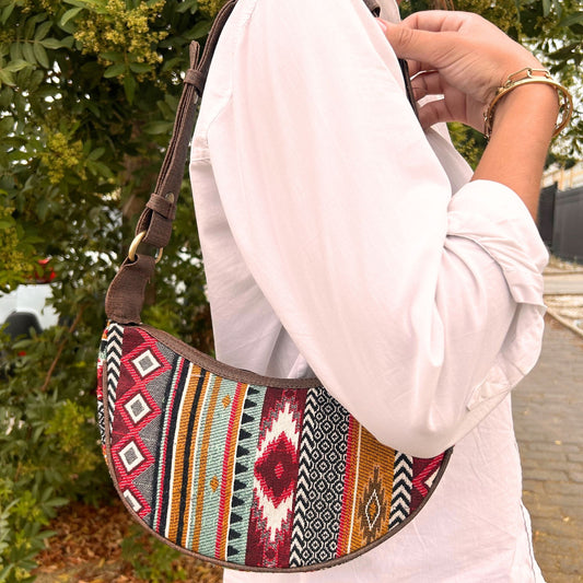 Bolso Hobo de Jacquard - Tonos Marrones Intensos (correa marrón) - Bolso de Mano Hobo de Jacquard