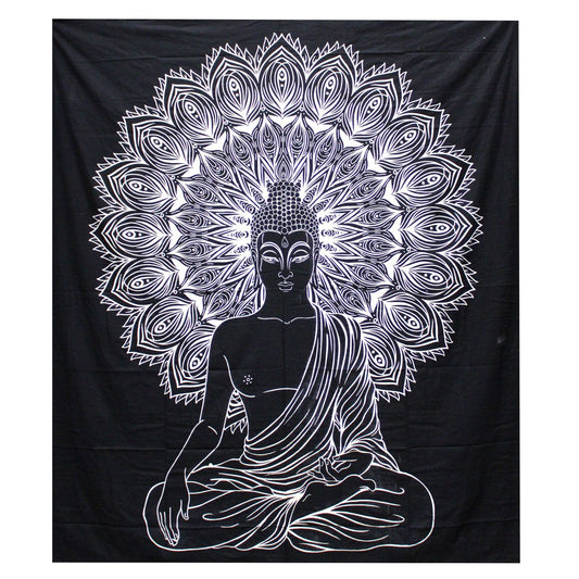 Jeté de lit double Coton N&B + Tapisserie - Bouddha