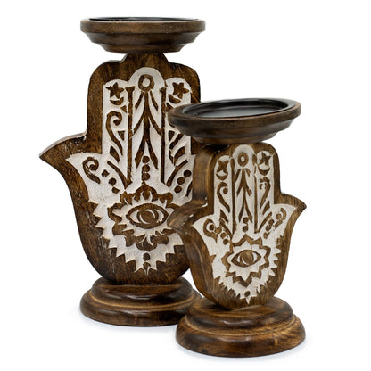 Candelabro de Madera de Mango - Hamsa - Pequeño 18x11cm - Candelabros de Madera, candelabro