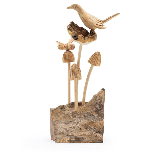 Handmade Parasitic Wood Art Carving - Bird and Bee on Mushrooms