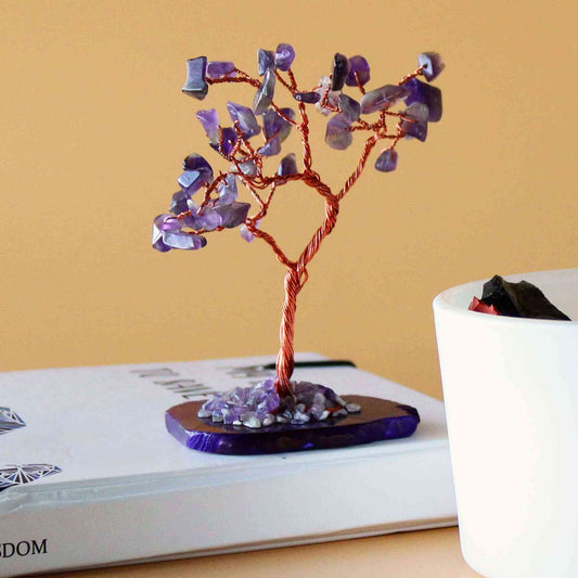 Árbol de piedras preciosas: Amatista sobre base de ágata natural (35 piedras) - Gemstone Wishing Trees