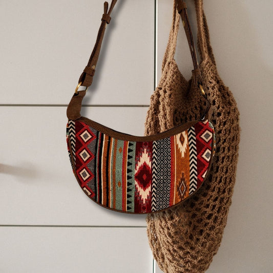 Bolso Hobo de Jacquard - Tonos Marrones Intensos (correa marrón) - Bolso de Mano Hobo de Jacquard