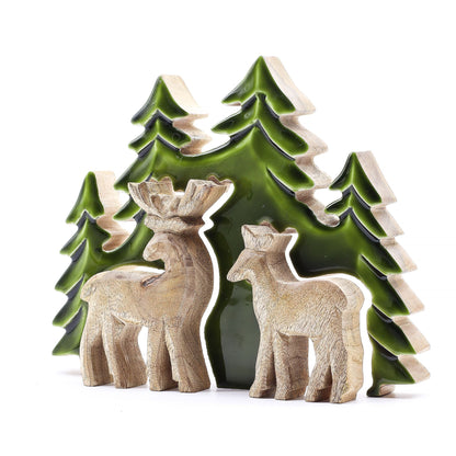 Perdido en el bosque - Dos ciervos en el bosque  Decoración de madera 3D - 18x23cm