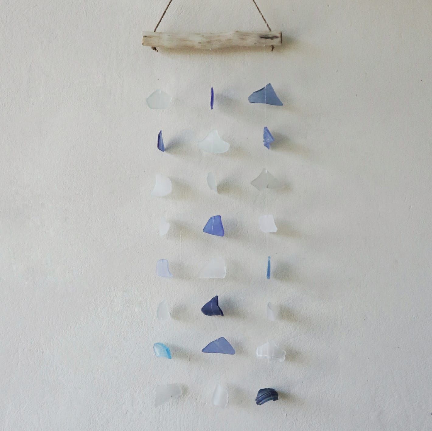 Carillón de vidrio reciclado - Tres cuerdas - Azul y blanco