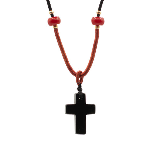 Collier cordon avec pendentif pierre précieuse - Croix d'agate noire