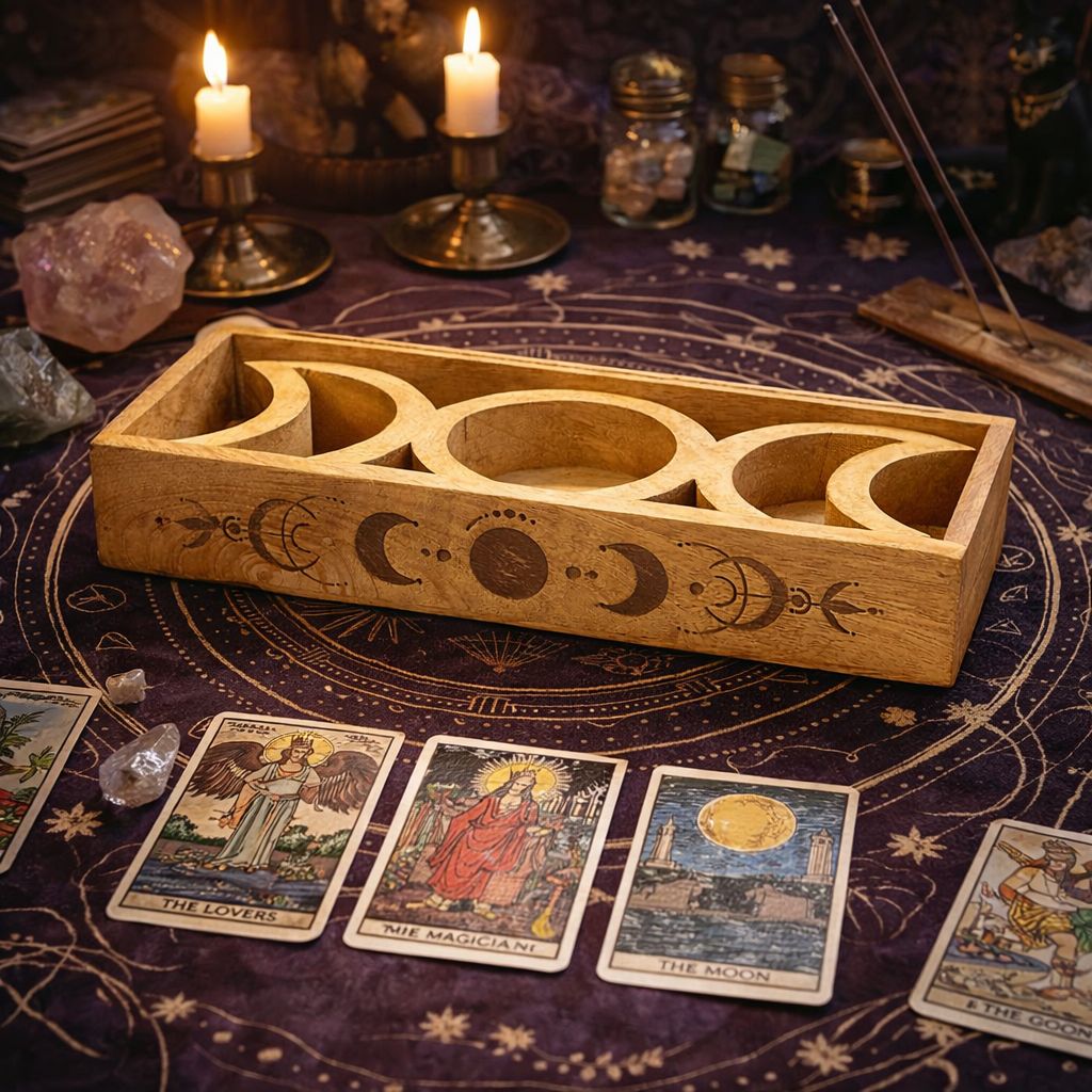 Bandeja de Tarot con Fase Lunar y Soporte para Cartas - Almacenamiento de cartas del Tarot y cajas de lectura, Artisan Produc