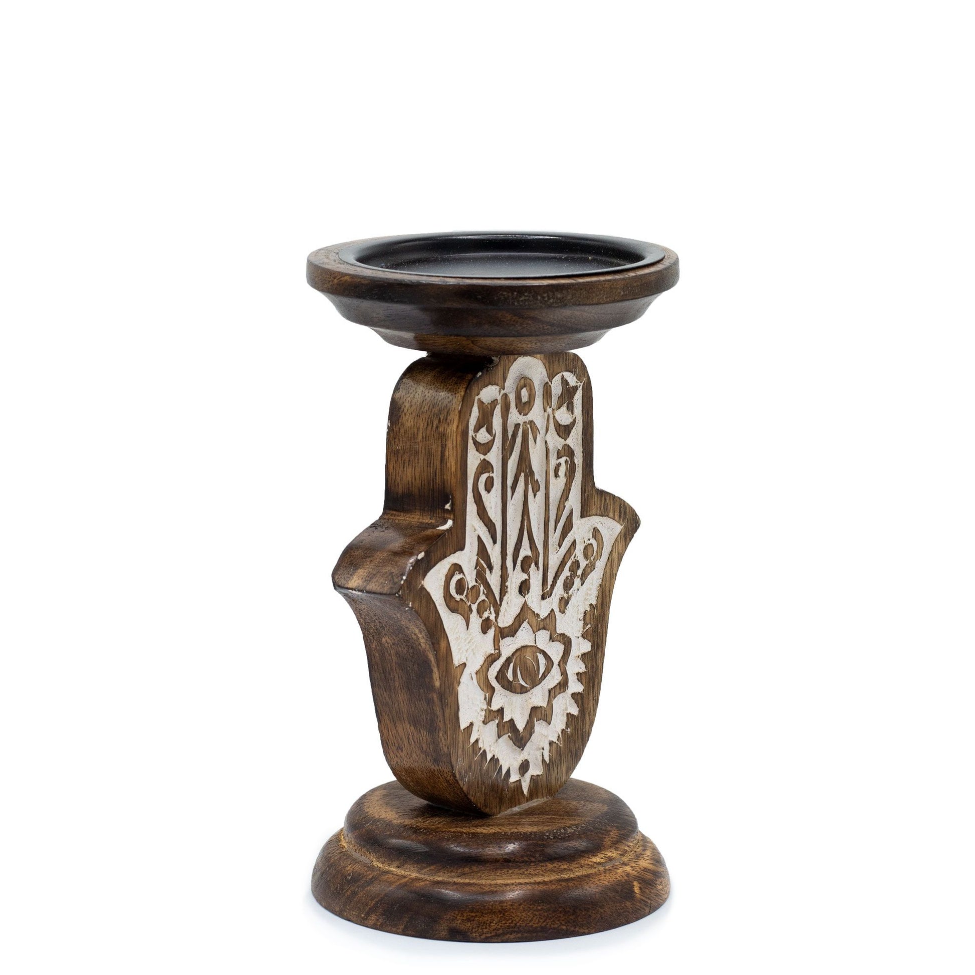 Candelabro de Madera de Mango - Hamsa - Pequeño 18x11cm - Candelabros de Madera, candelabro