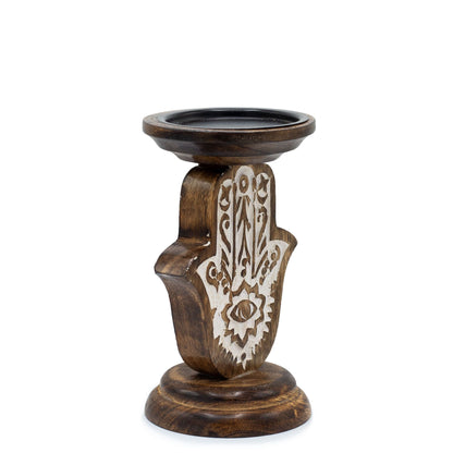 Candelabro de Madera de Mango - Hamsa - Pequeño 18x11cm - Candelabros de Madera, candelabro