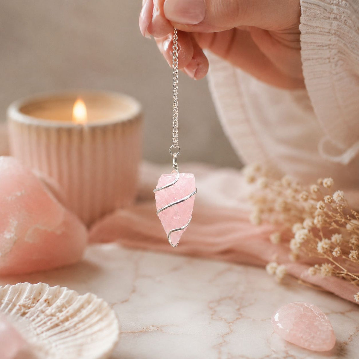 Raw Gemstone Pendulum - Rose Quartz - Péndulos Especiales Mágicos