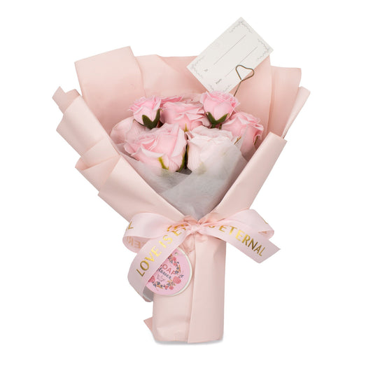 Bouquet de roses en savon roses · «L'amour est éternel» · Avec carte