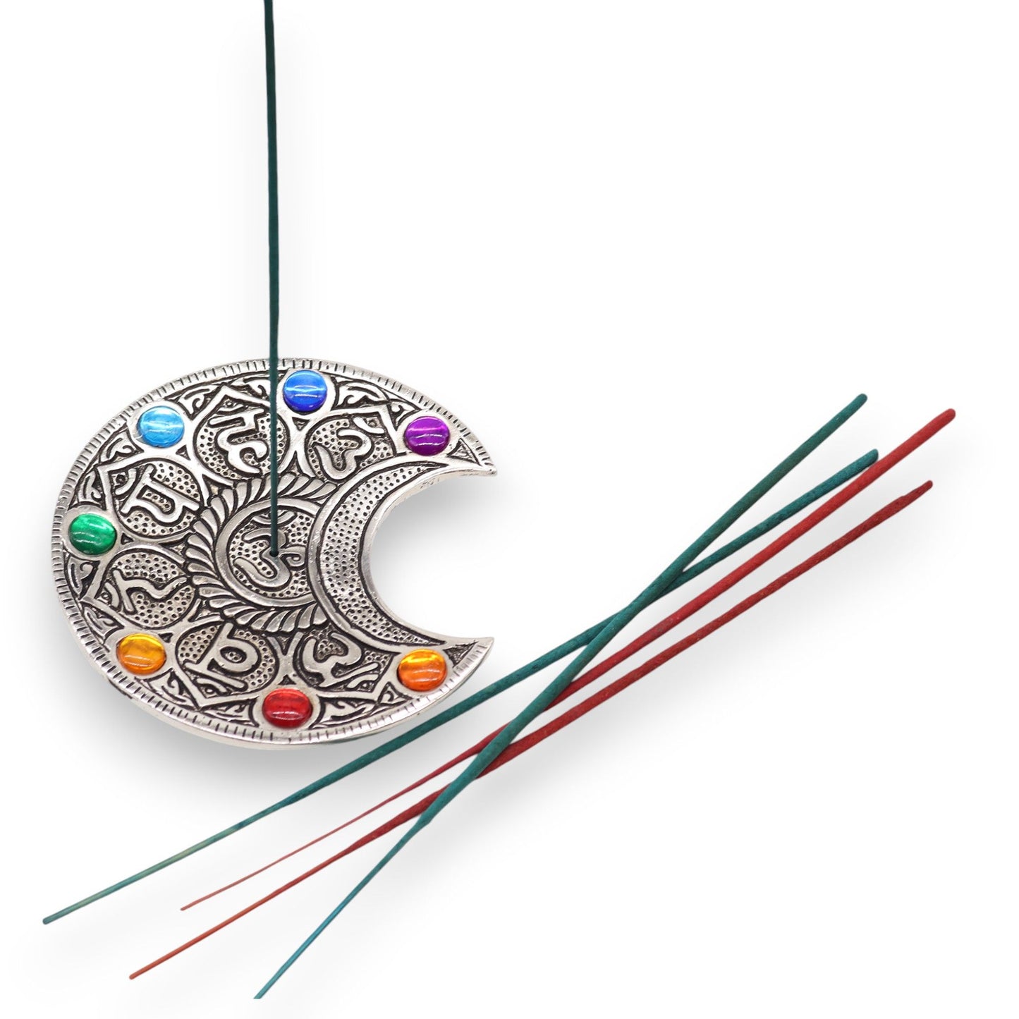 Porta-incienso Luna Siete Chakras 11.5cm - Portainciensos de aluminio hechos a mano