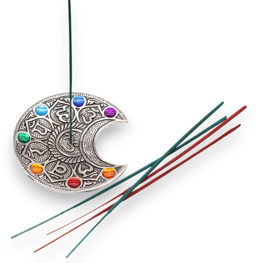 Porta-incienso Luna Siete Chakras 11.5cm - Portainciensos de aluminio hechos a mano