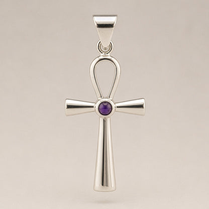 Colgante devocional hindú - Plateado con baño de plata (cordón de 45 cm) - Símbolo Ankh de la Vida Eterna