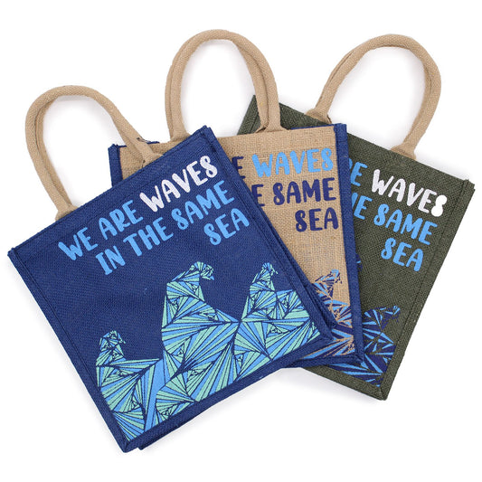 bolsa de yute estampada - Somos olas - Cinza, Azul y Natural - bolsa de yute estampada