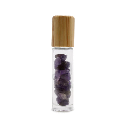 Botella de rodillo de aceite esencial de piedras preciosas - Amatista - Tapa de madera - Botellas Roll-on con gemas 10ml