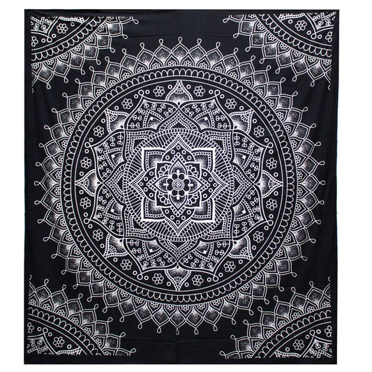 Couvre-lit Double Coton N&B + Tapisserie - Fleur de Lotus