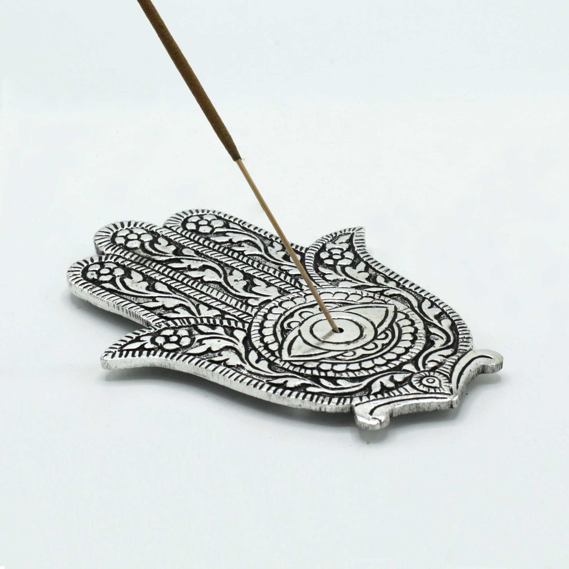 Porta-incienso Hamsa Aluminio Pulido 14cm - Portainciensos de aluminio hechos a mano