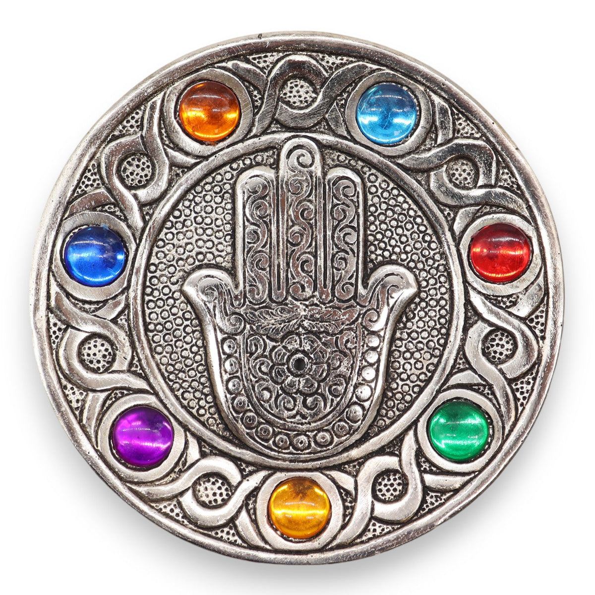 Porta-incienso Hamsa Siete Chakras 11.5cm - Portainciensos de aluminio hechos a mano