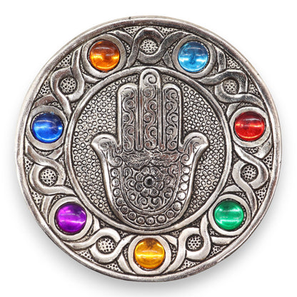Porta-incienso Hamsa Siete Chakras 11.5cm - Portainciensos de aluminio hechos a mano