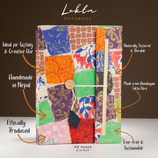 Lokta Patchwork Notebook – Grande (21x15cm) – 45 Hojas – Incluye marcador de páginas – Multicolor