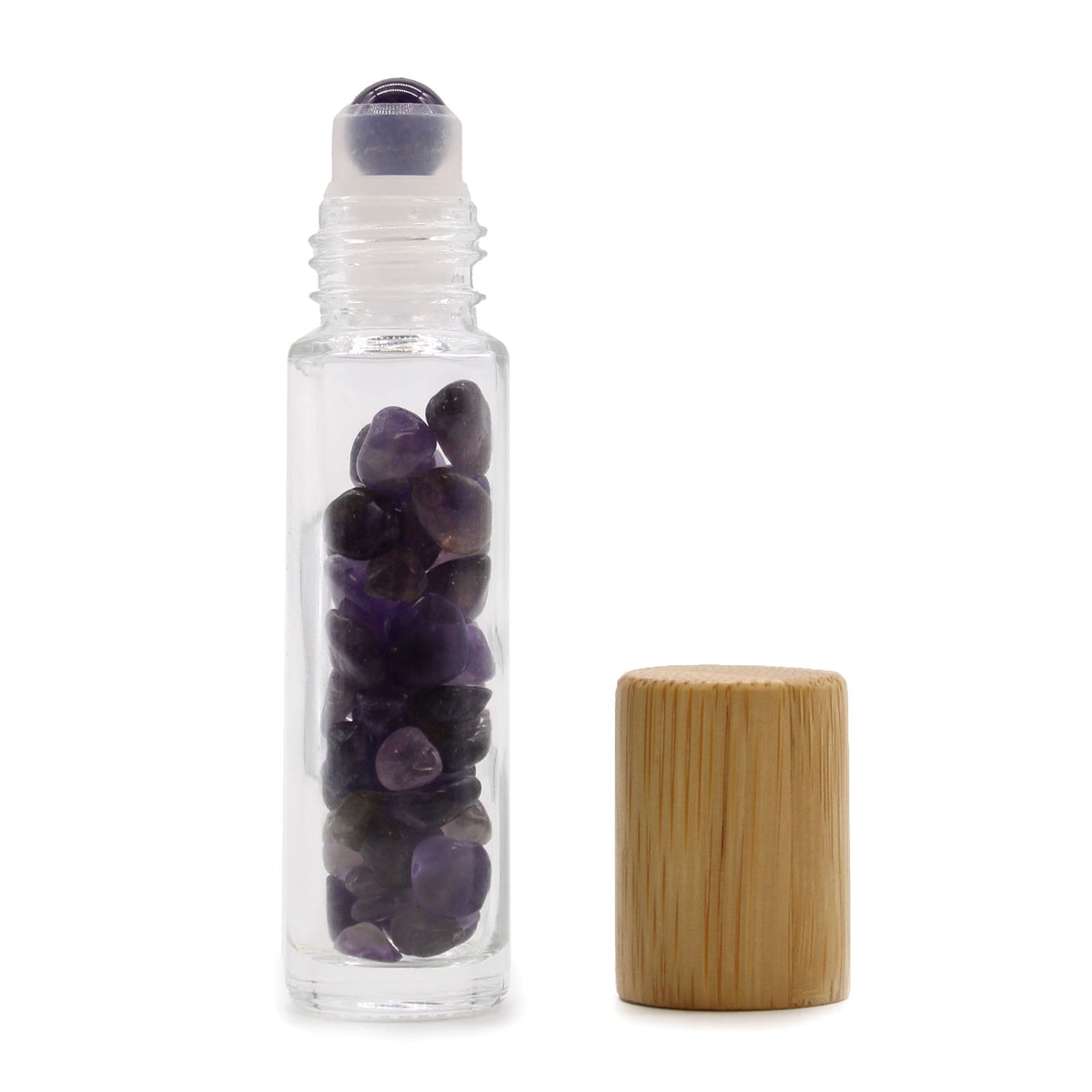 Botella de rodillo de aceite esencial de piedras preciosas - Amatista - Tapa de madera - Botellas Roll-on con gemas 10ml