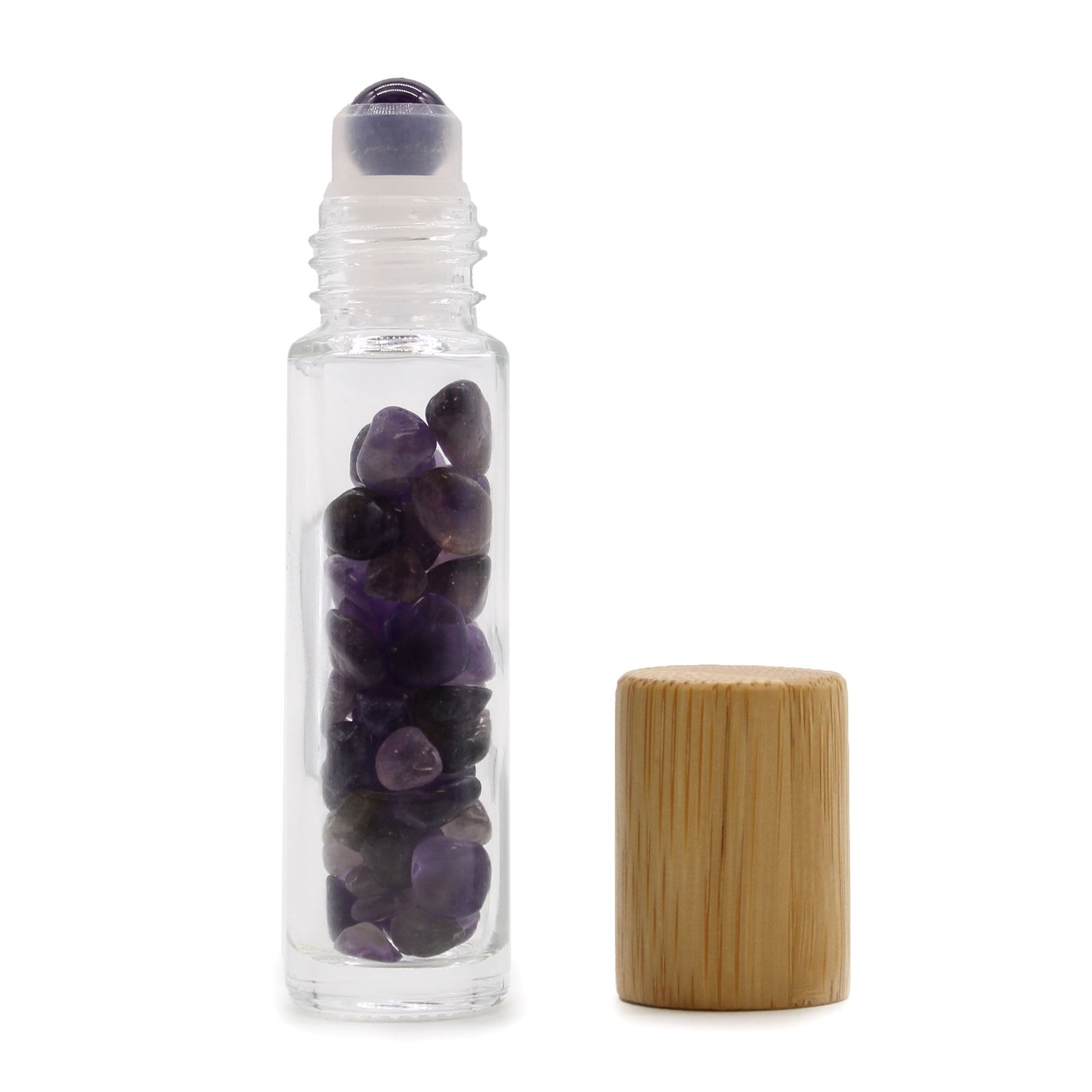 Botella de rodillo de aceite esencial de piedras preciosas - Amatista - Tapa de madera - Botellas Roll-on con gemas 10ml