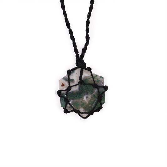 Intertwined hexagonal gemstone pendant - Moss Agate