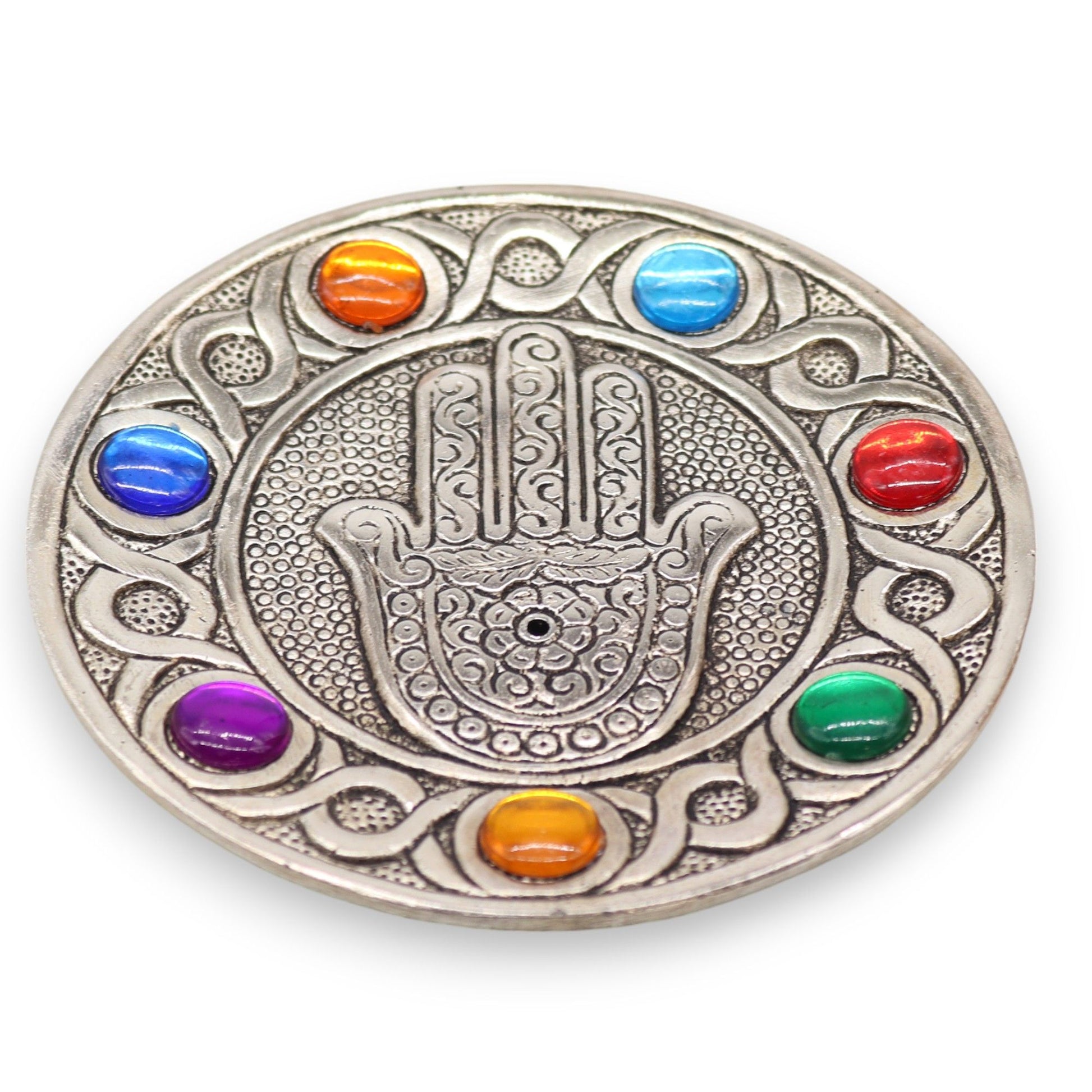 Porta-incienso Hamsa Siete Chakras 11.5cm - Portainciensos de aluminio hechos a mano