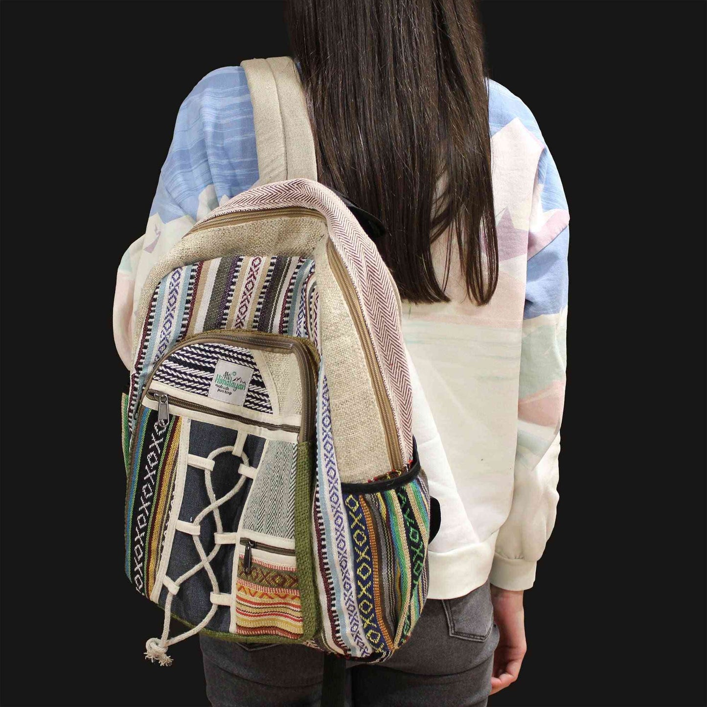 Mochila grande de cáñamo - Estilo cuerda y bolsillos